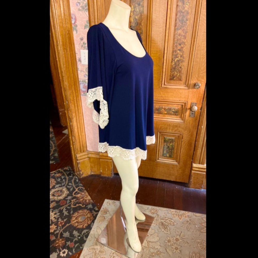 Veronica M Navy Mini Dress with White Lace Trim